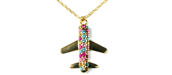 Airplane with Purple, Pink, Yellow, and Blue Crystals Gold Tone Necklace