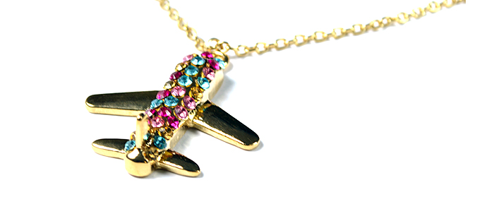 Airplane with Purple, Pink, Yellow, and Blue Crystals Gold Tone Necklace