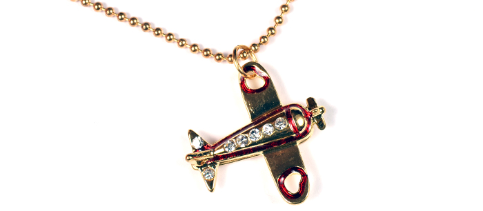 Airplane Open Heart with Red Border Clear Stones Gold Tone LARGE