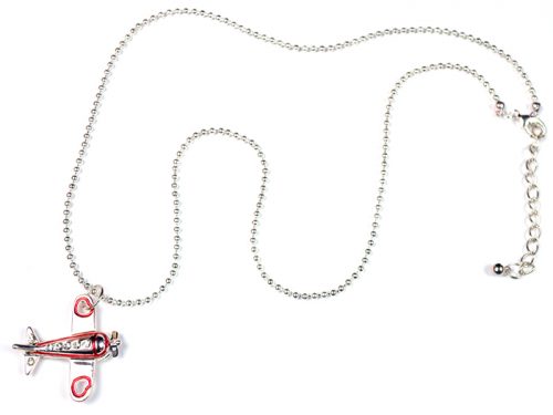 Airplane Open Heart with Red Border Clear Stones Silver Tone LARGE