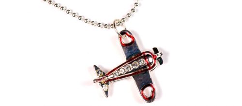 Airplane Open Heart with Red Border Clear Stones Silver Tone LARGE