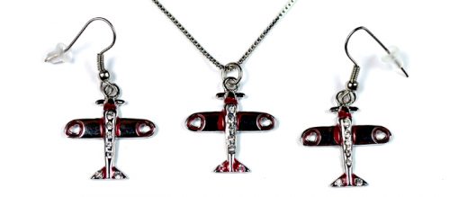 Airplane Open Heart with Red Border Clear Stones Silver Tone