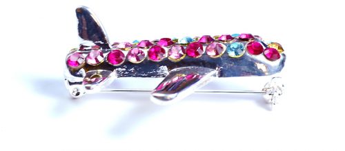 Airplane with Purple, Pink, Yellow, and Blue Crystals Silver Tone Brooch Pin