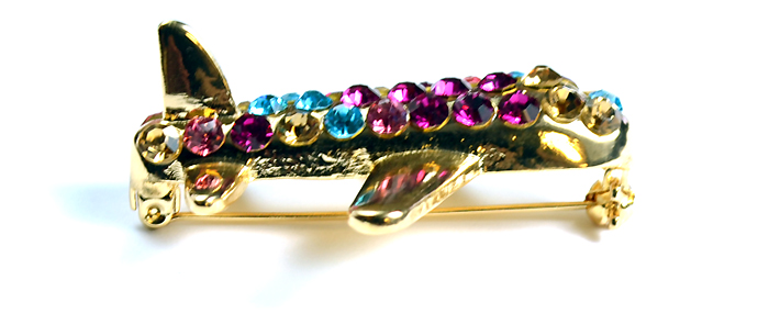 Airplane with Purple, Pink, Yellow, and Blue Crystals Gold Tone Brooch Pin