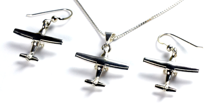 Airplane Necklace & Earring Set (Sterling Silver With Cubic Zirconia) -  Amelia Aviation